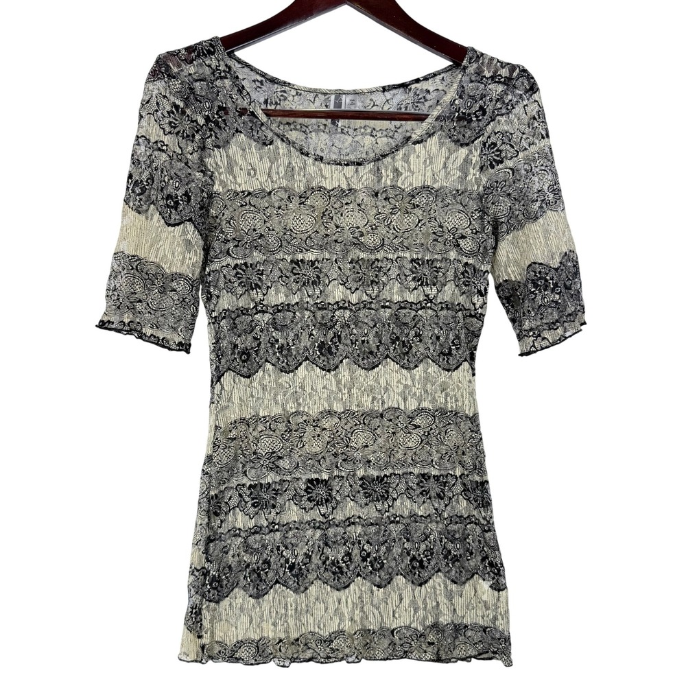 Y2K‎ BKE Lace Top Women L Black Cream Floral Sheer Whimsigoth Gothic Romantic